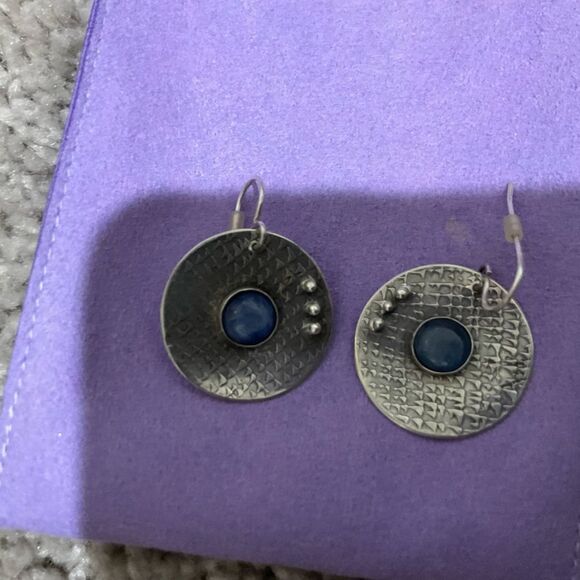 Jewelry - Silver Disc Dangle Earrings with Blue Stone